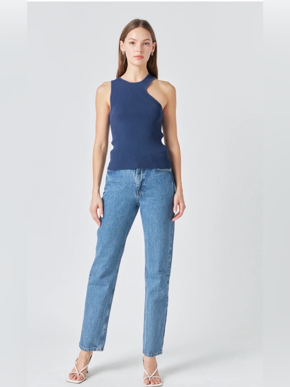 Endless‎ Rose Asymmetric Cutout Rib Knit Tank Top Navy Blue Women’s Size Small